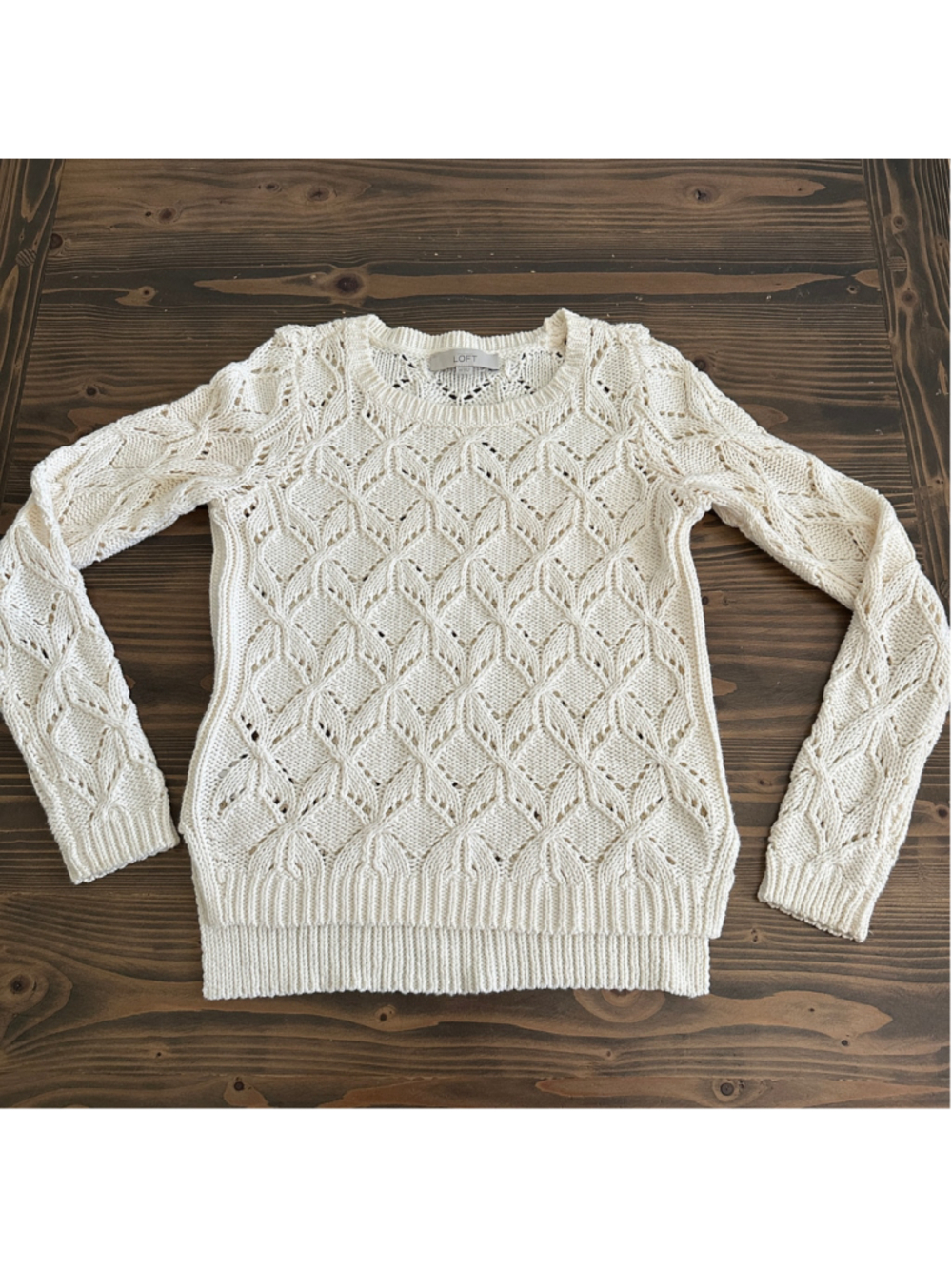 LOFT Women's Sweater XS white Cream Cable Knit Open Knit Diamond Crew Neck